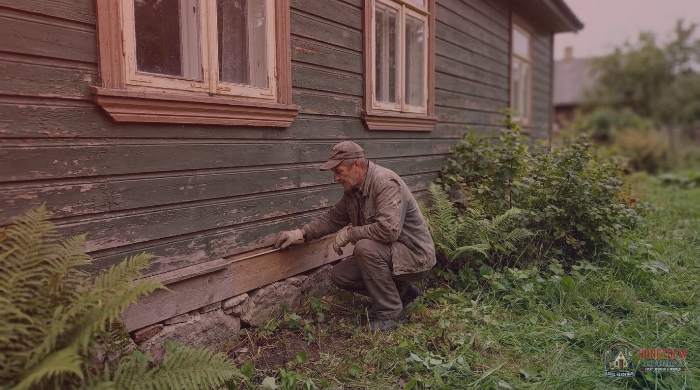 A handyman inspecting the moisture-damaged wood siding at the foundation of an older wood-framed house.