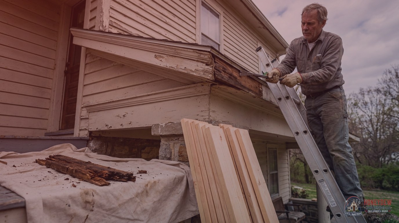 A handyman removing a rotted fascia board from the roofline of an older wood-framed home.