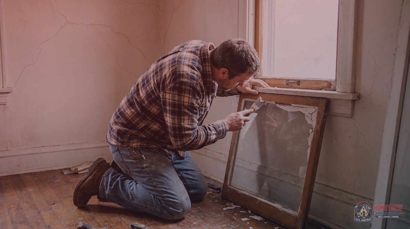 A handyman repairing the glazing compound on a single-hung window inside an older home with plaster walls.