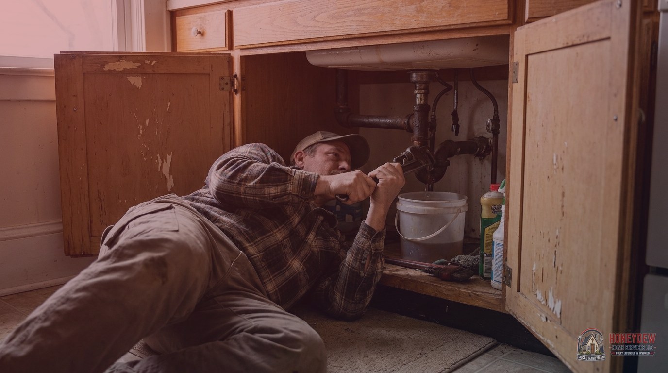 A handyman repairing corroded galvanized supply pipes beneath the kitchen sink of an older home.