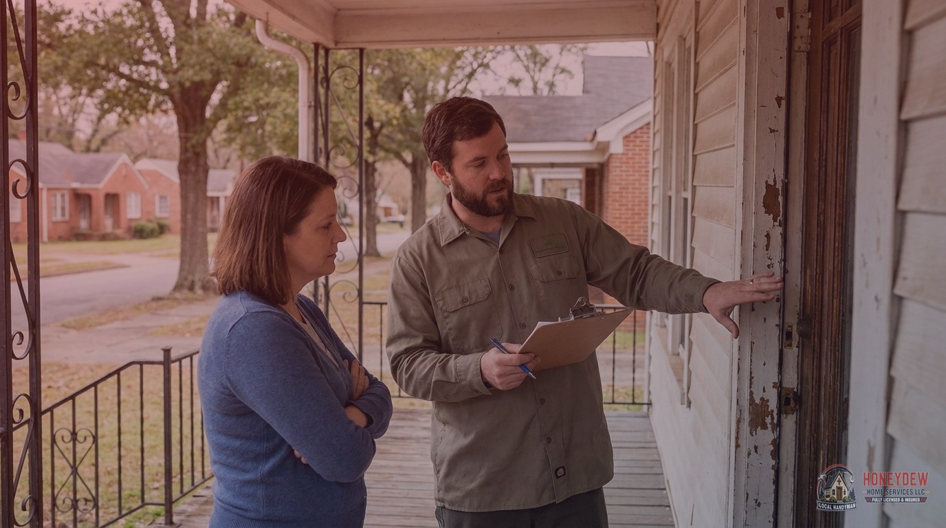 A licensed handyman consulting with a homeowner on the front porch of an older residential home about needed repairs.