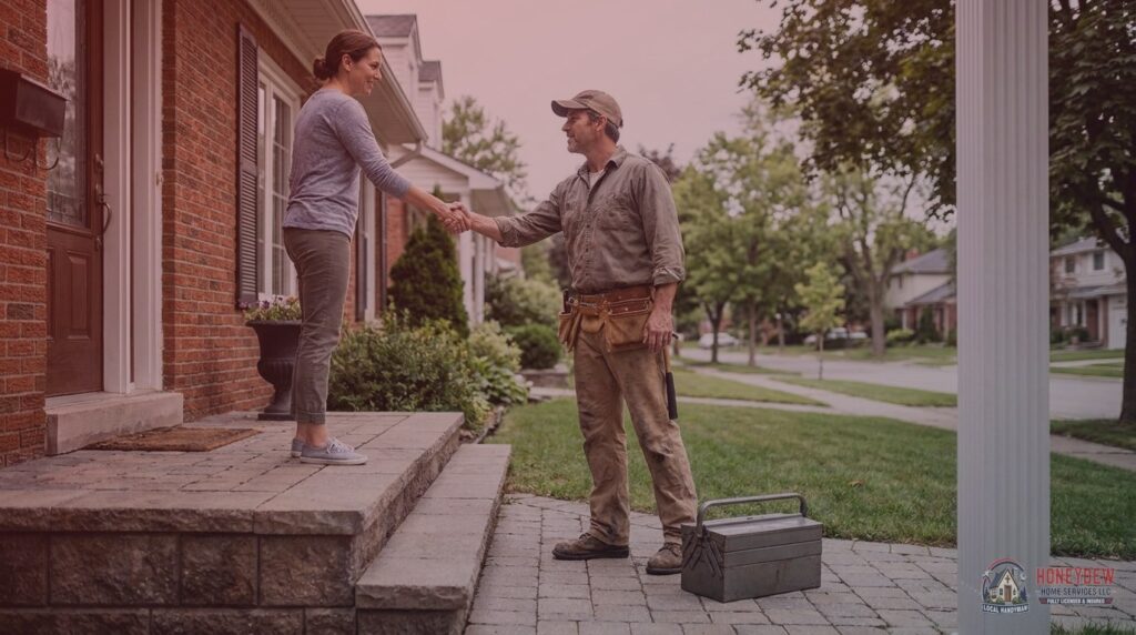 A licensed residential handyman greeting a Griffin, GA homeowner at the front door of a brick house.