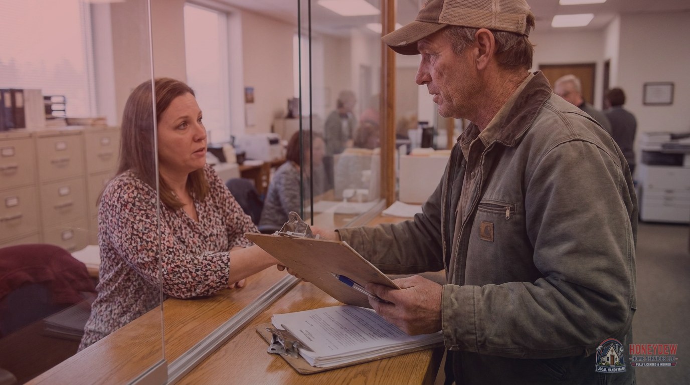 A handyman at a local building department counter discussing permit requirements with a clerk.