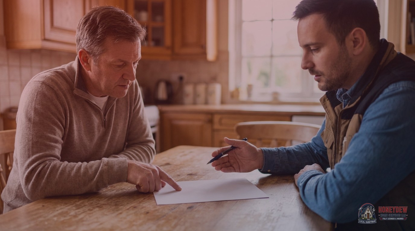 A homeowner and handyman reviewing credential paperwork together at a kitchen table.