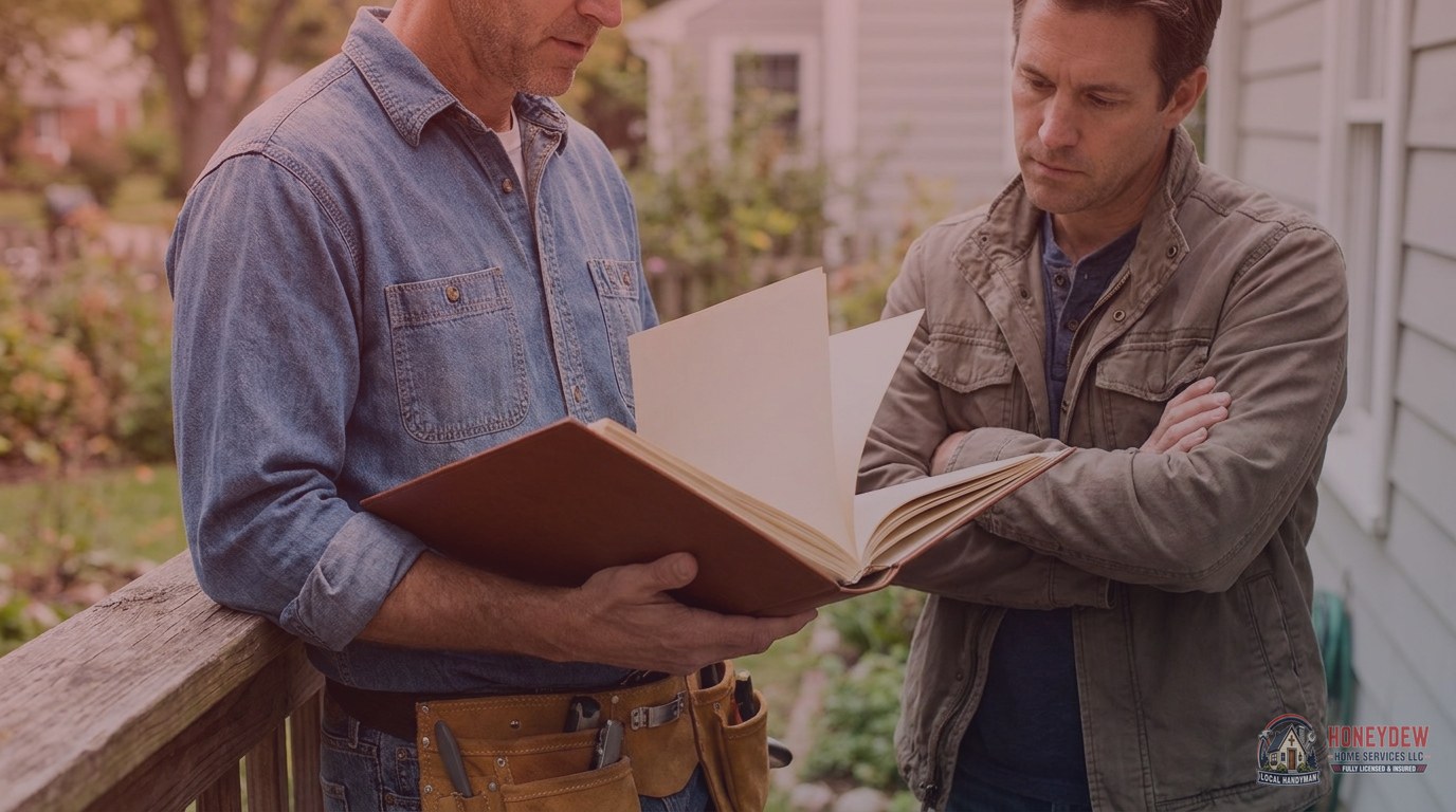 A handyman presenting insurance documentation to a homeowner on a residential porch.