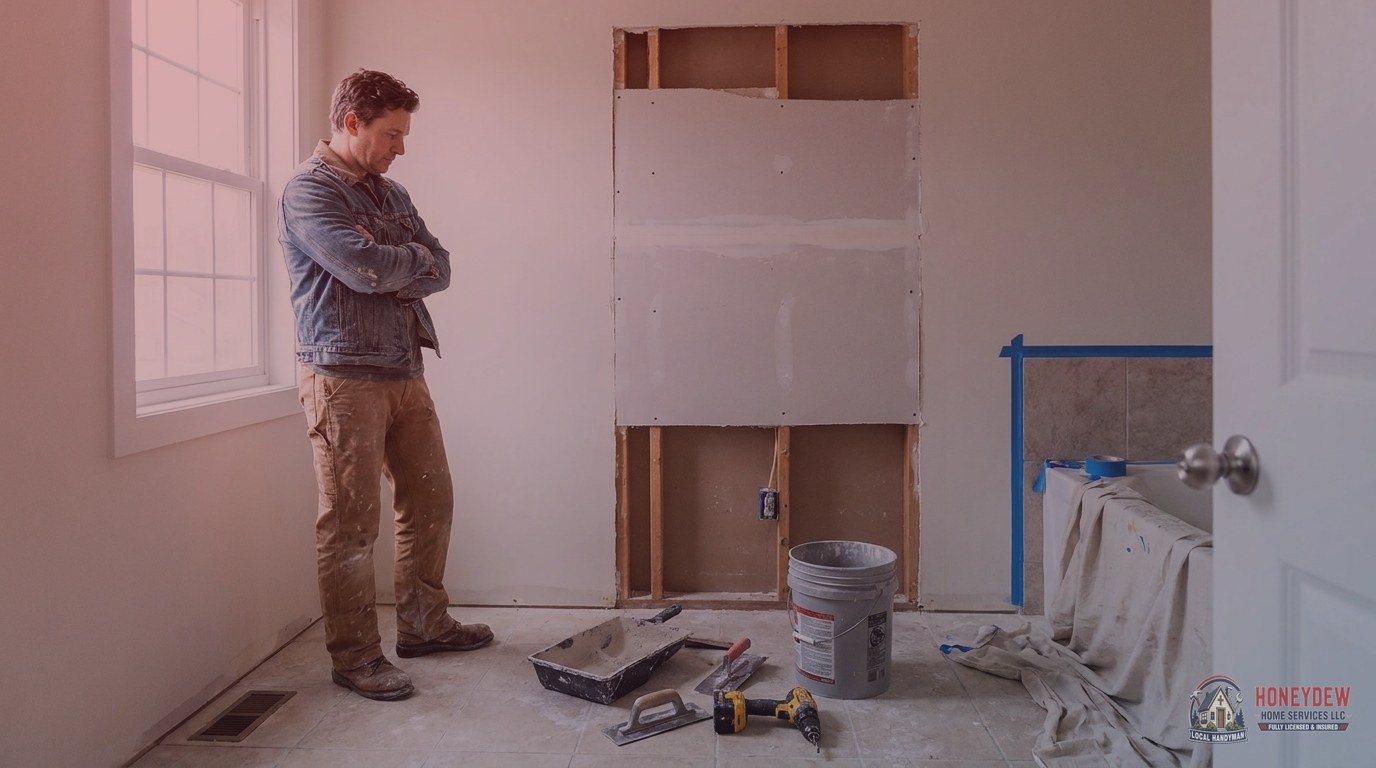 A Griffin homeowner inspecting unfinished repair work left behind in a bathroom by an unreliable handyman.