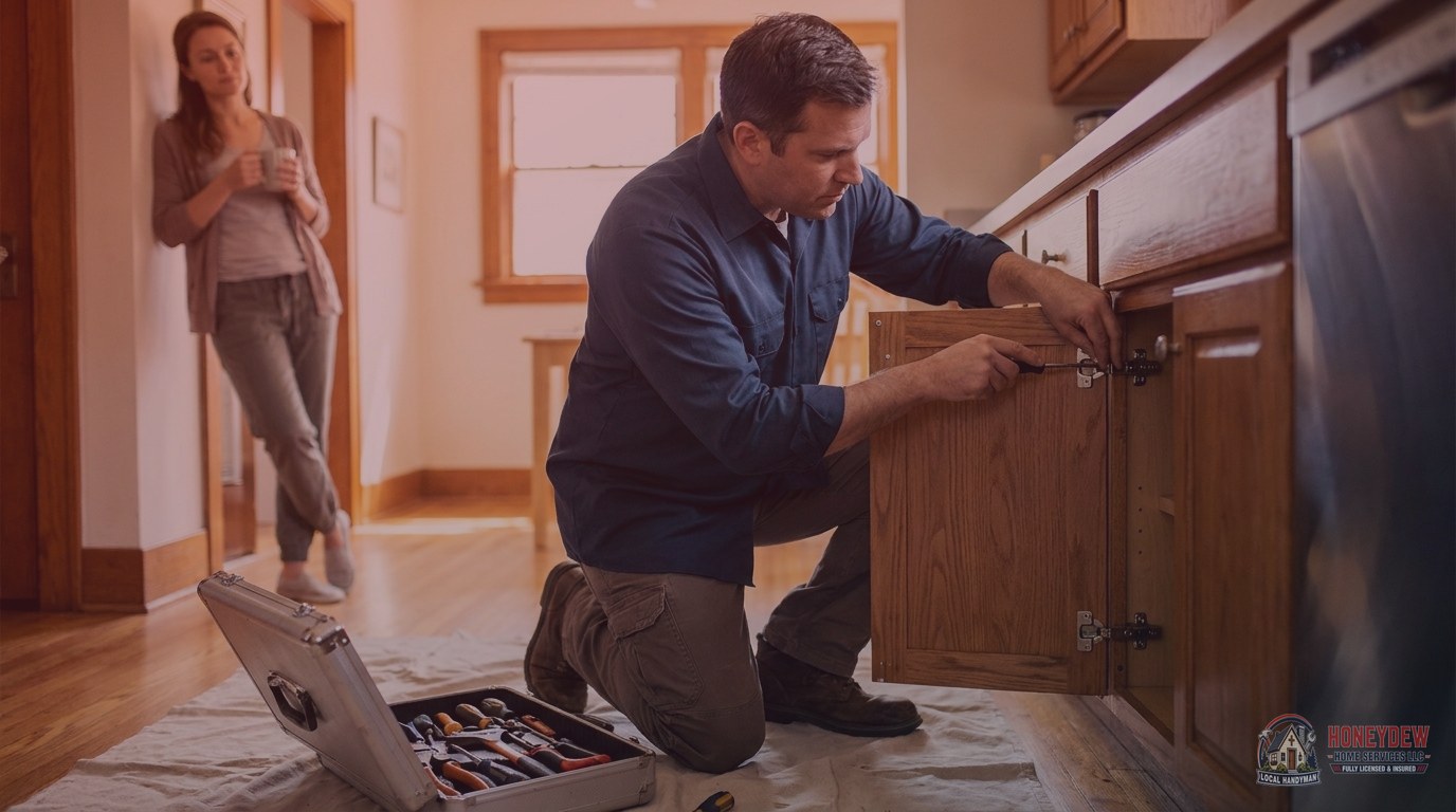 Kenny Neville, a licensed residential handyman, completing a cabinet repair inside a Griffin, GA home.