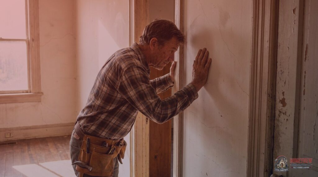 Licensed handyman inspecting drywall near a doorframe inside a Middle Georgia home.