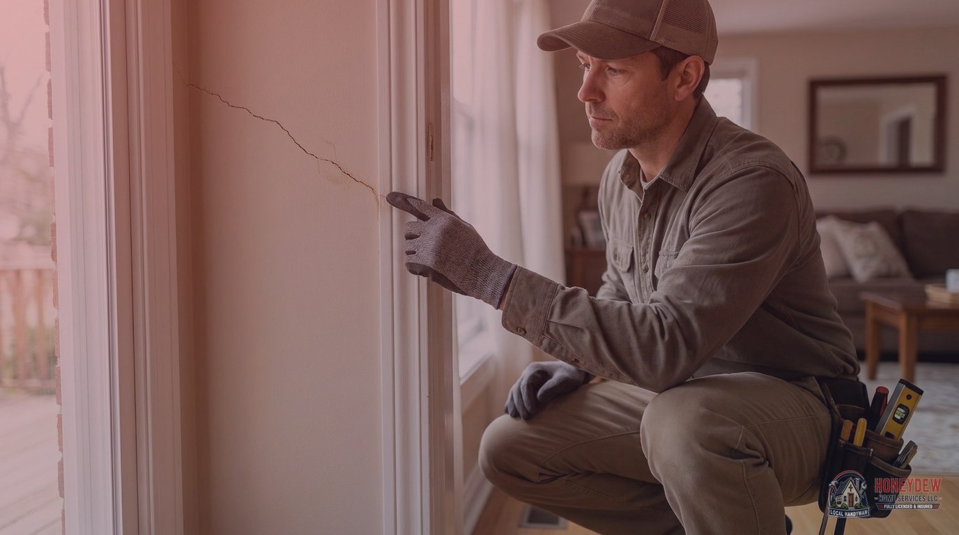 Handyman examining a diagonal hairline crack radiating from the corner of a door opening in drywall.