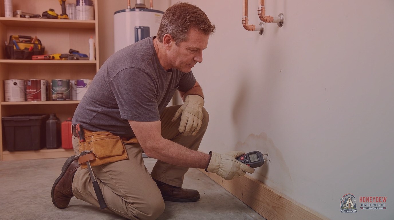 Handyman using a moisture meter to test drywall below a water stain after a repaired pipe leak.
