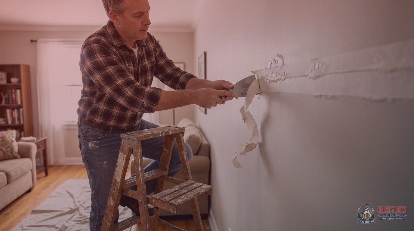 Handyman removing bubbling and peeling drywall tape along a failed seam with a putty knife.