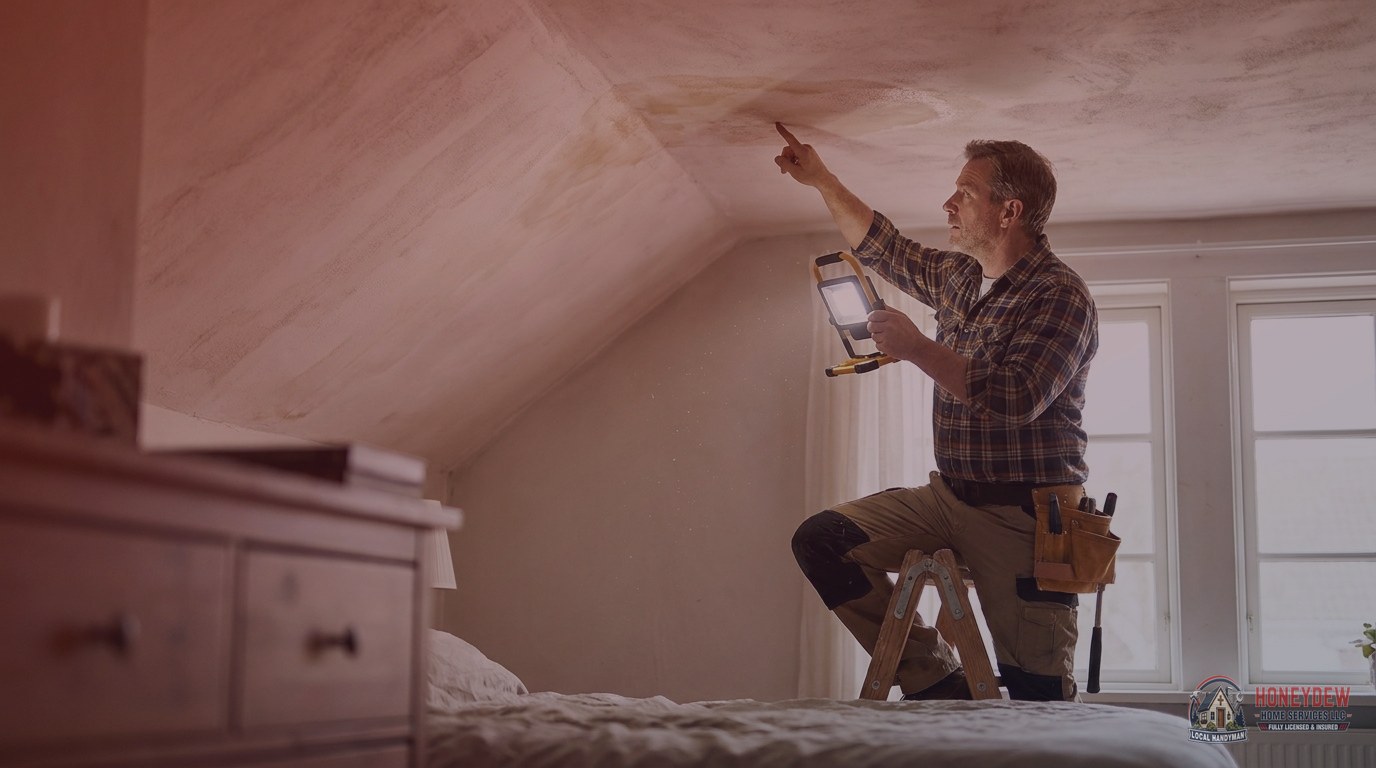 Handyman probing a discolored soft patch in a popcorn ceiling to check for hidden water damage.