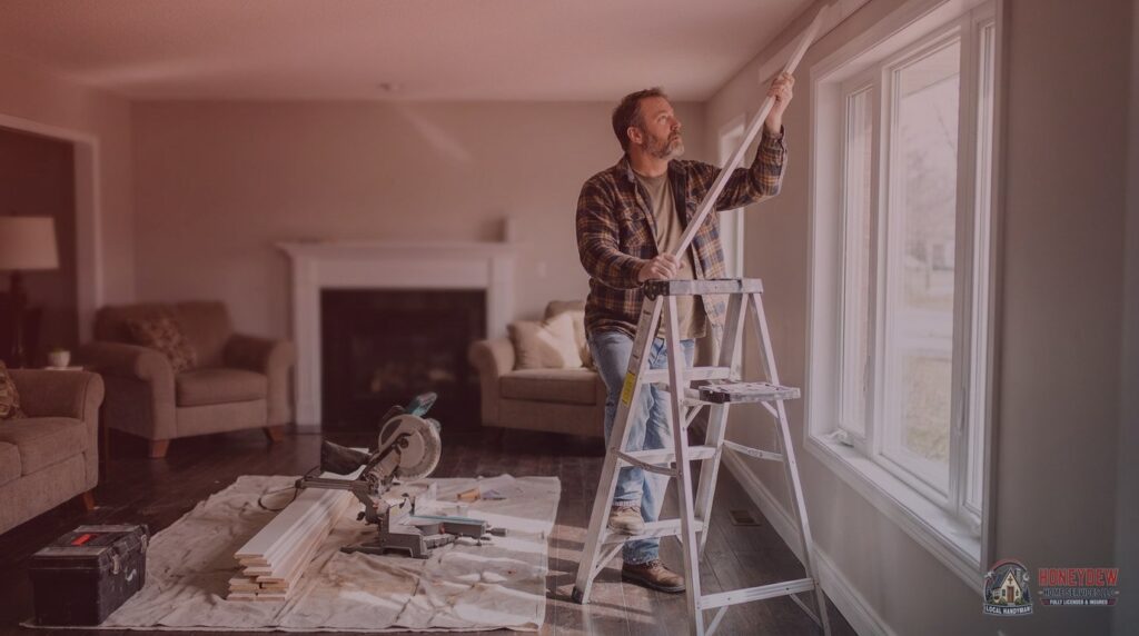 Licensed handyman installing crown molding in a Georgia living room as a trim upgrade.