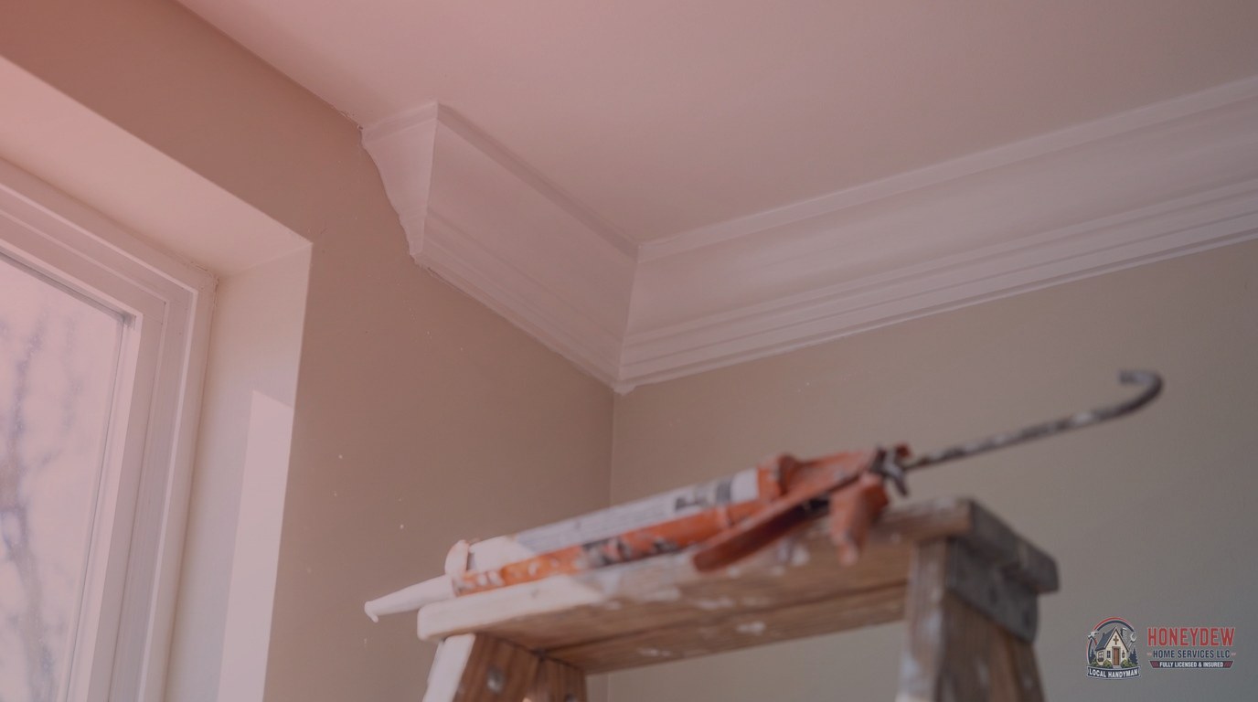 Freshly installed white crown molding at the ceiling corner of a Georgia home interior.