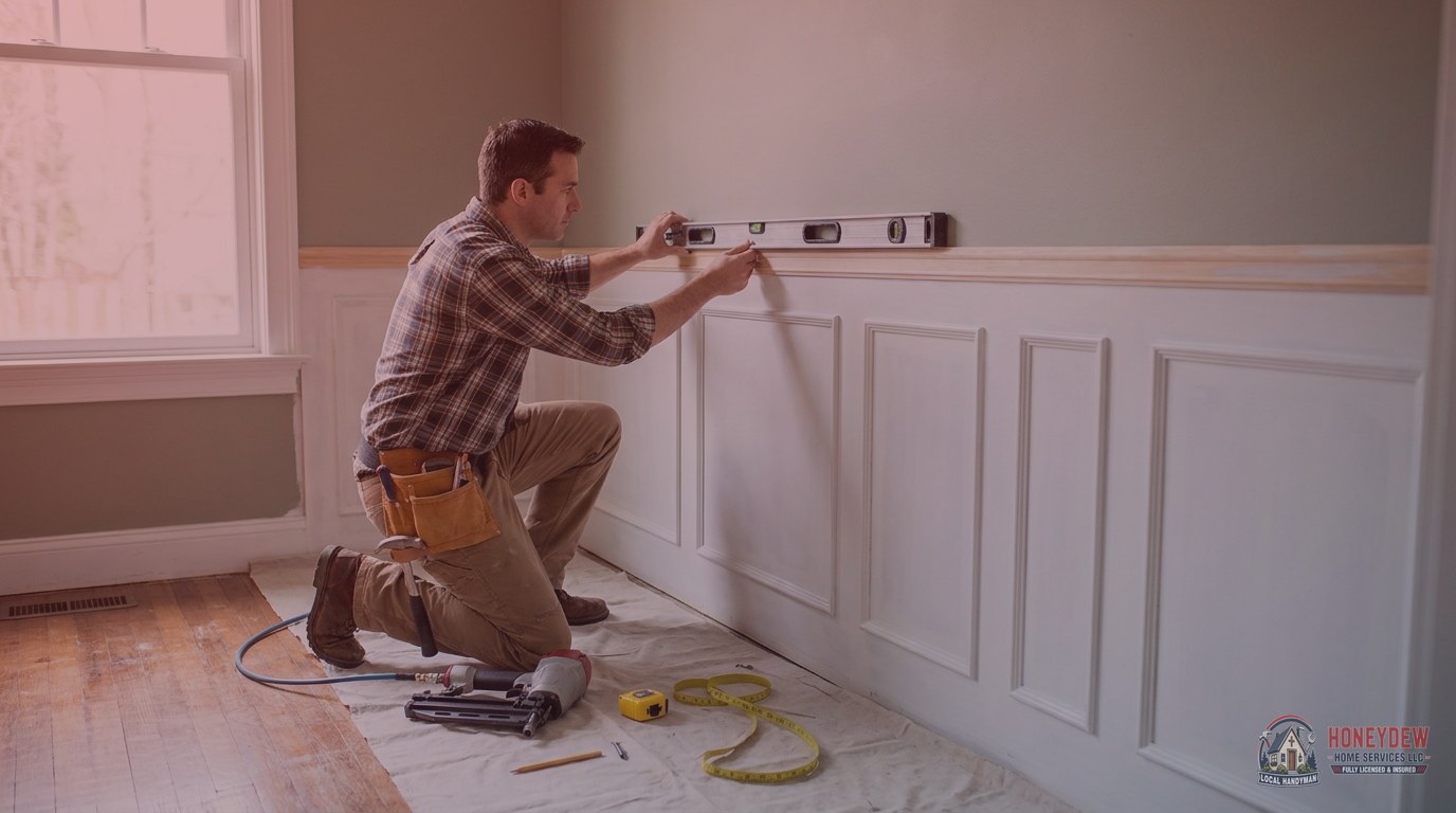 Handyman leveling chair rail molding above wainscoting panels along a Georgia dining room wall.