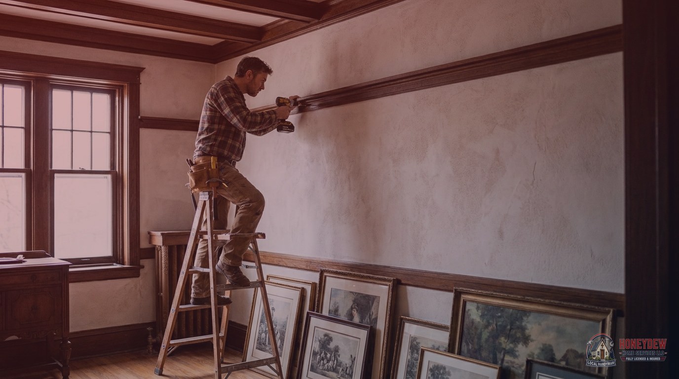 Handyman installing picture rail molding near the ceiling of a craftsman-style Georgia home.