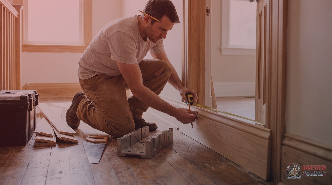 Handyman fitting wide craftsman-style door casing around an interior doorframe in a Georgia home.