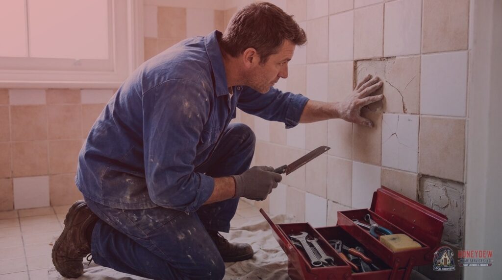 Licensed handyman inspecting cracked bathroom wall tile before deciding between spot repair and full retile.