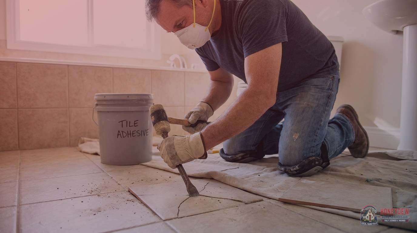 Handyman removing one damaged floor tile with a chisel while leaving surrounding tiles intact during a spot repair.