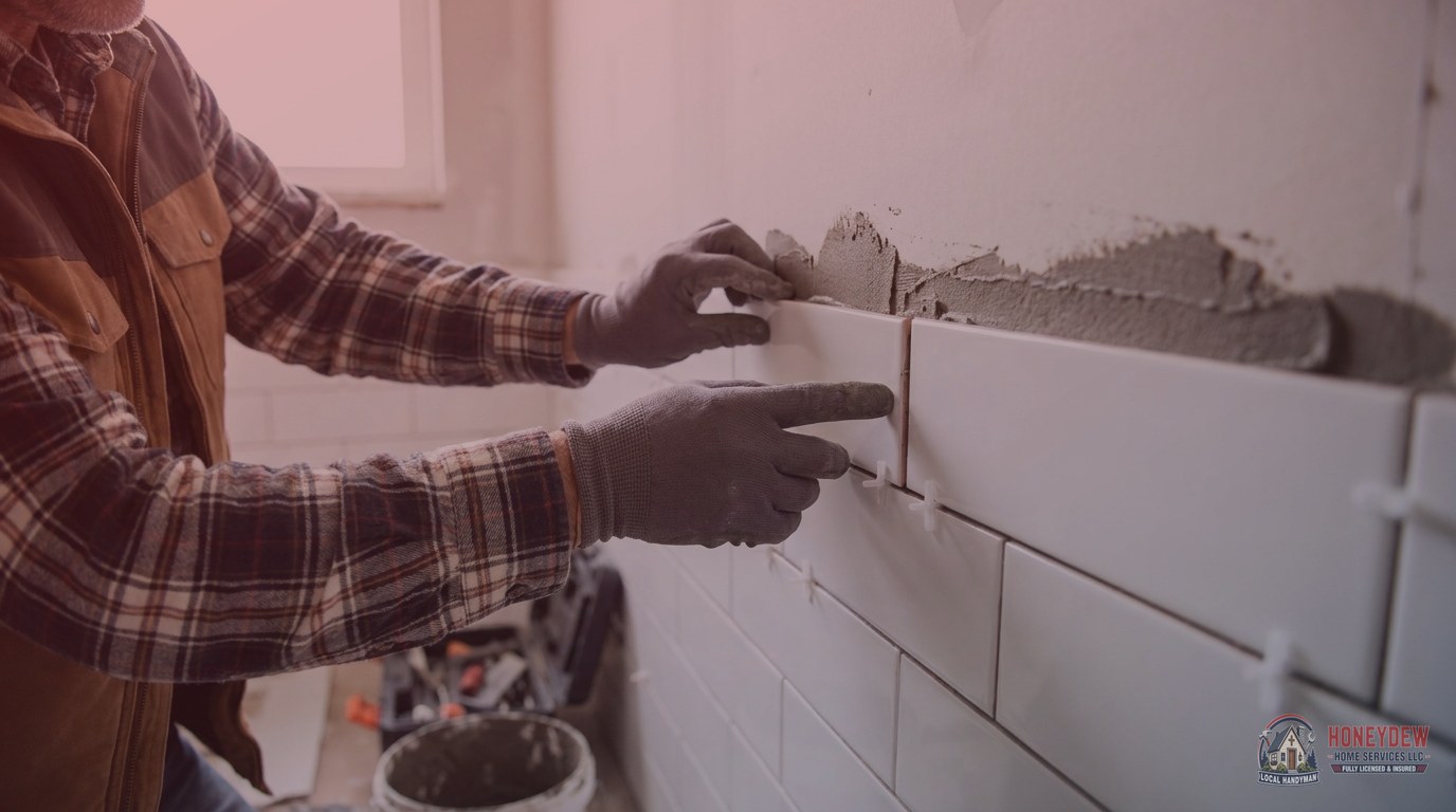 Handyman setting a replacement bathroom wall tile into fresh adhesive with spacers aligned to surrounding field tiles.