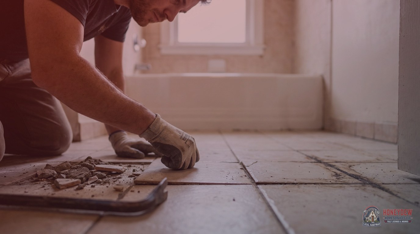 Handyman performing a hollow-tap test on bathroom floor tiles to detect debonding and assess moisture damage beneath.
