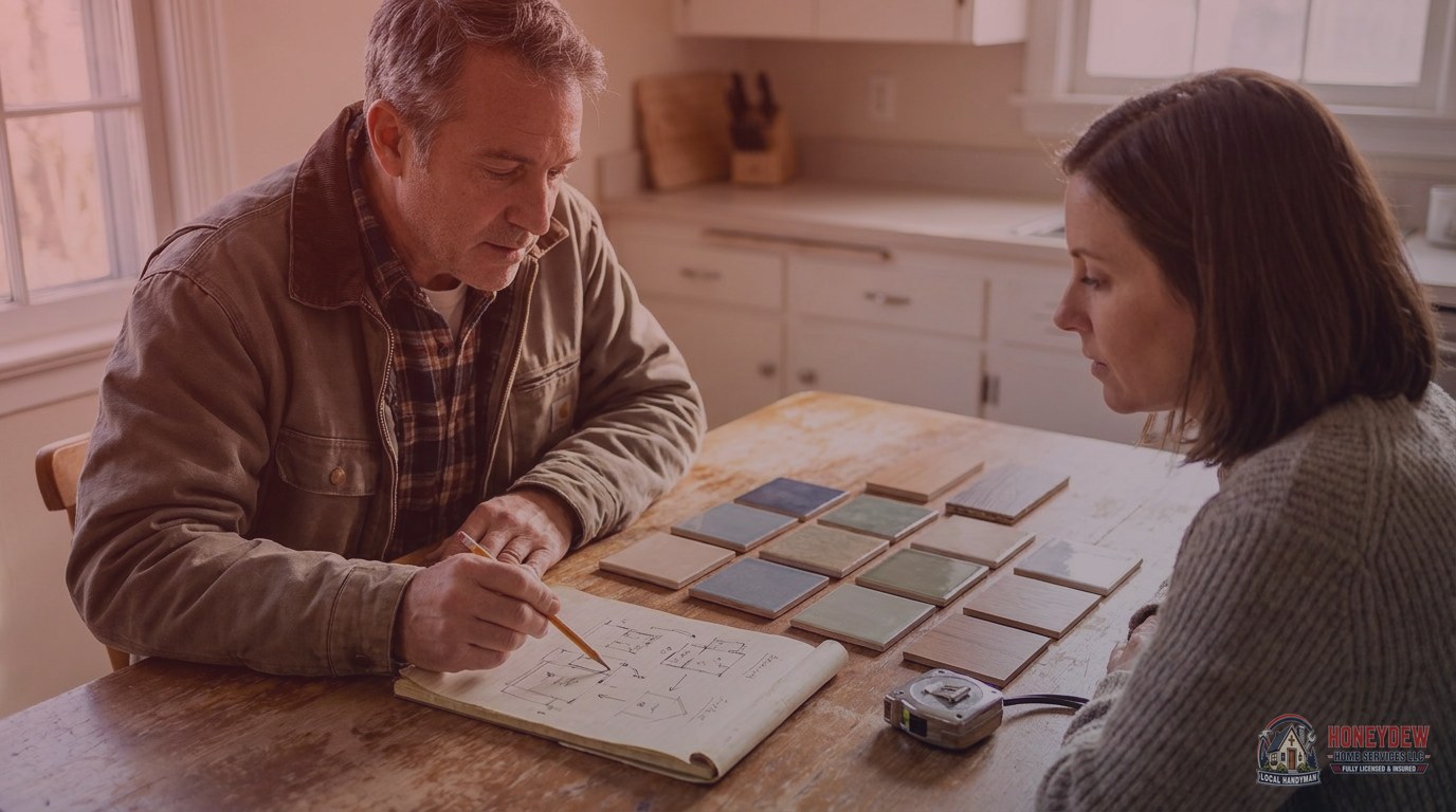 Handyman reviewing bathroom tile project scope and material samples with a homeowner at a kitchen table.