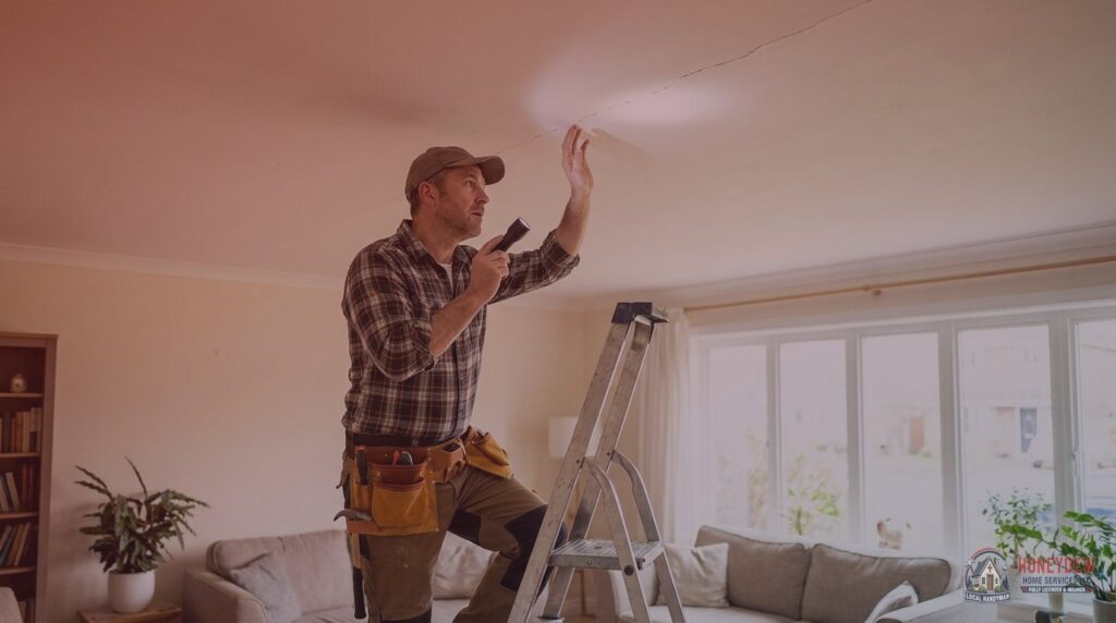 Licensed handyman on a stepladder inspecting a ceiling crack in a residential living room.