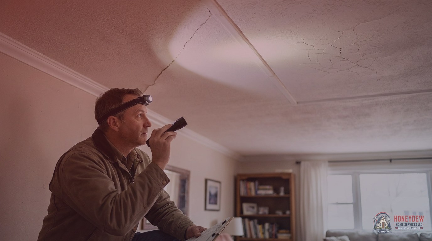 Inspector examining multiple ceiling crack types including diagonal, seam, and spider-web patterns in a residential room.