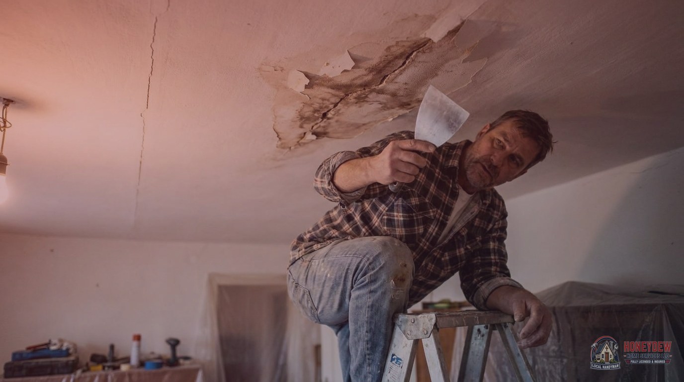 Handyman examining a wide sagging ceiling crack with water staining next to a hairline cosmetic crack.