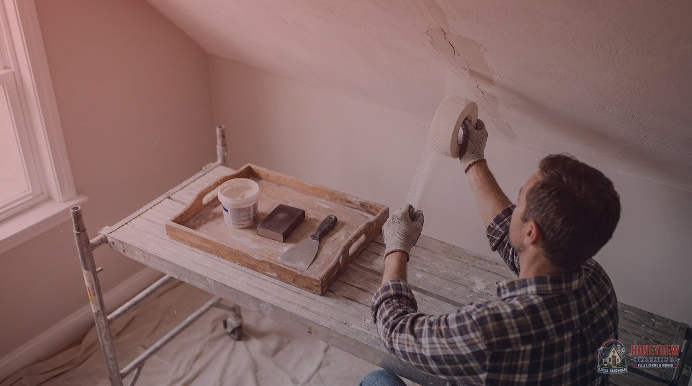 Handyman applying mesh tape and joint compound to a ceiling crack during a professional drywall repair.
