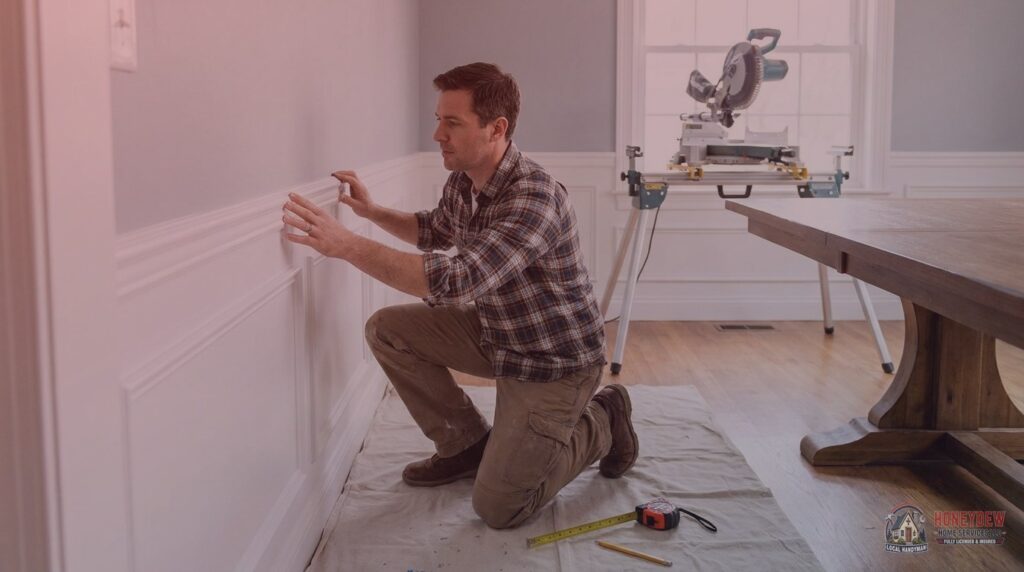 Licensed handyman pressing chair rail molding into place along a dining room wall during installation.