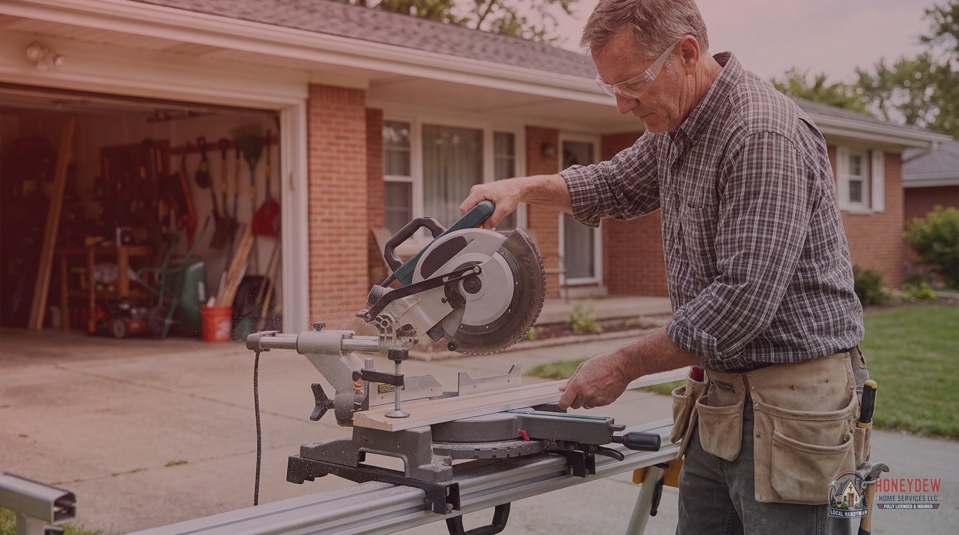 Handyman cutting chair rail molding at a miter saw outside a ranch-style home during a trim installation job.