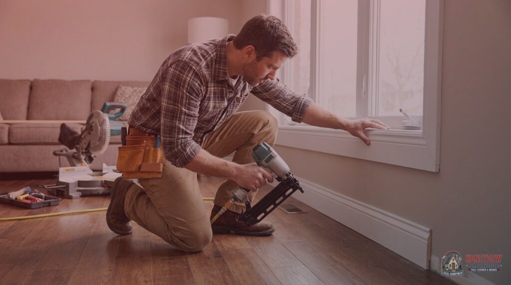 Licensed handyman installing new baseboard trim along the base of a residential living room wall.