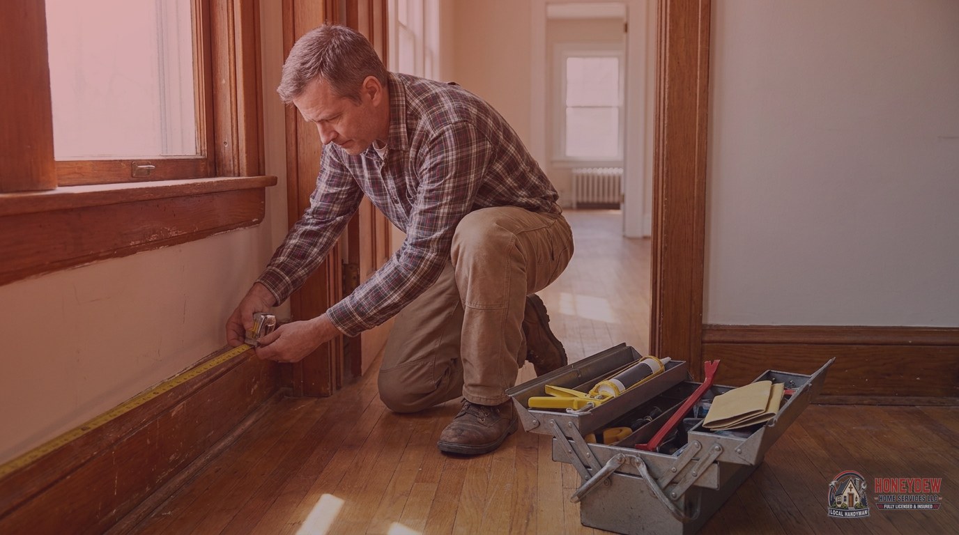 Handyman measuring an existing baseboard section along a home's interior wall during a trim service visit.