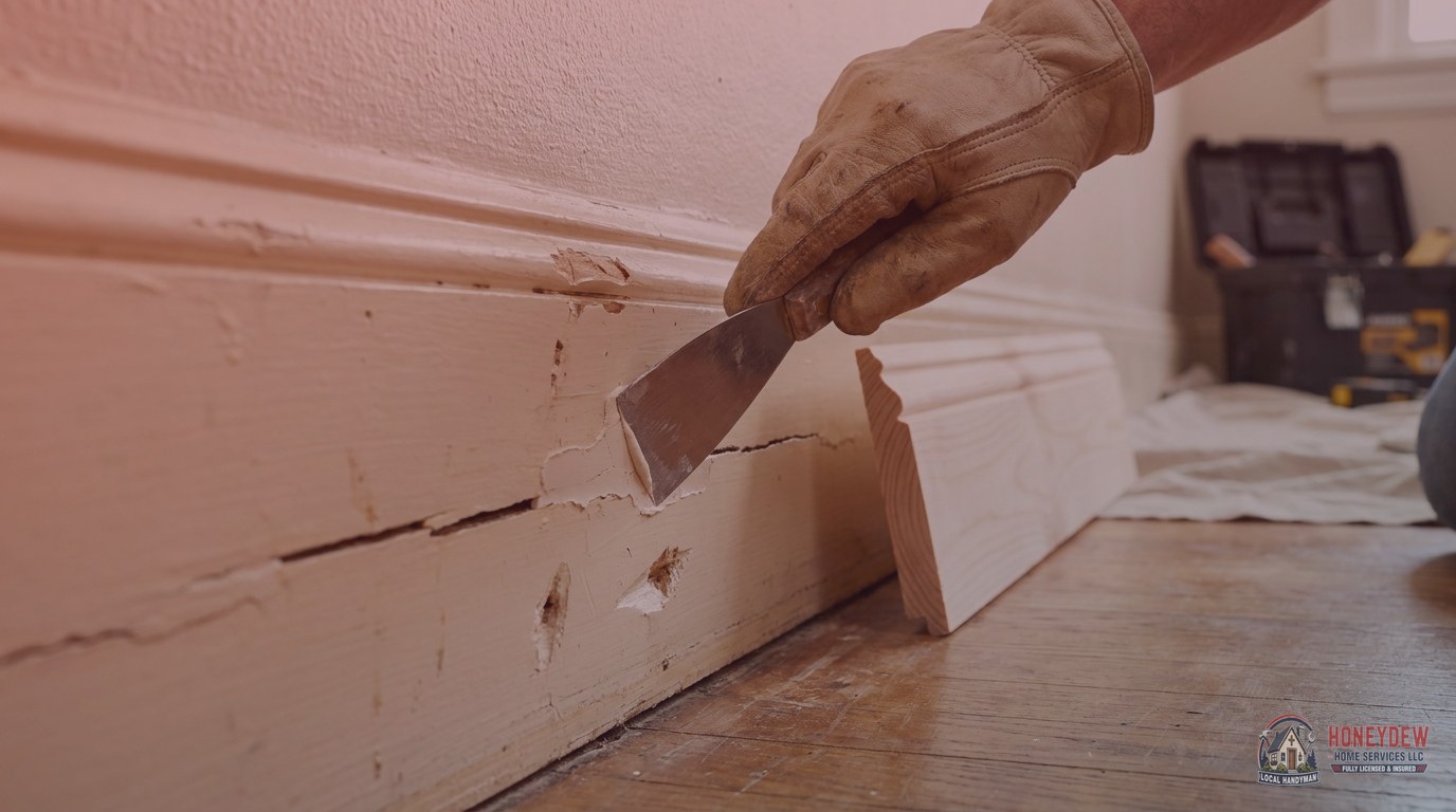 Handyman applying wood filler to a cracked and gouged baseboard section during a residential trim repair.