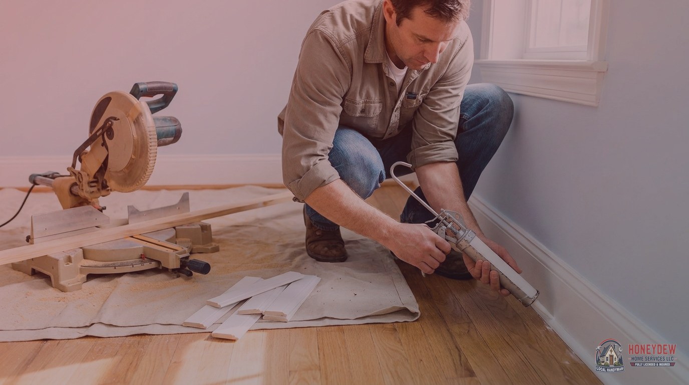 Handyman caulking the top edge of a newly installed baseboard at a room corner during a trim replacement job.
