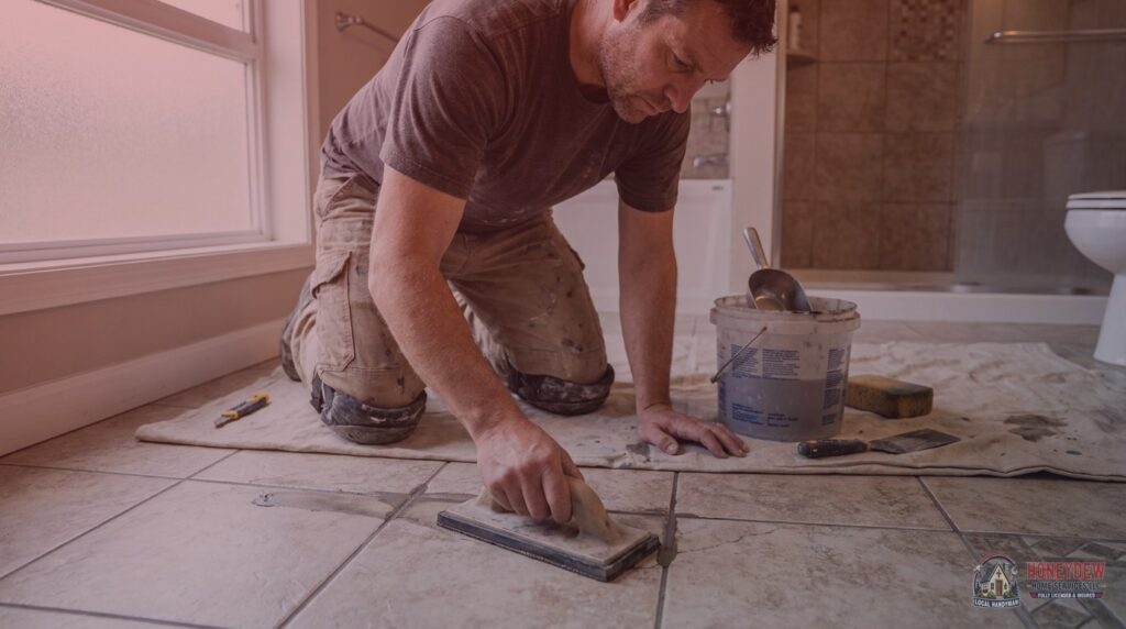 Licensed handyman applying grout to ceramic bathroom floor tiles during a tile repair service.