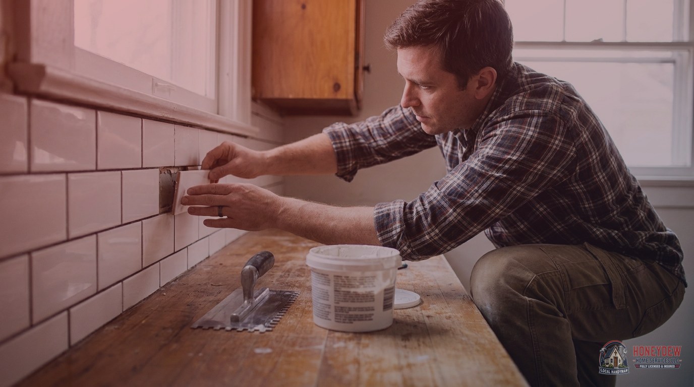 Handyman setting a replacement tile into a kitchen backsplash during a residential tile repair.