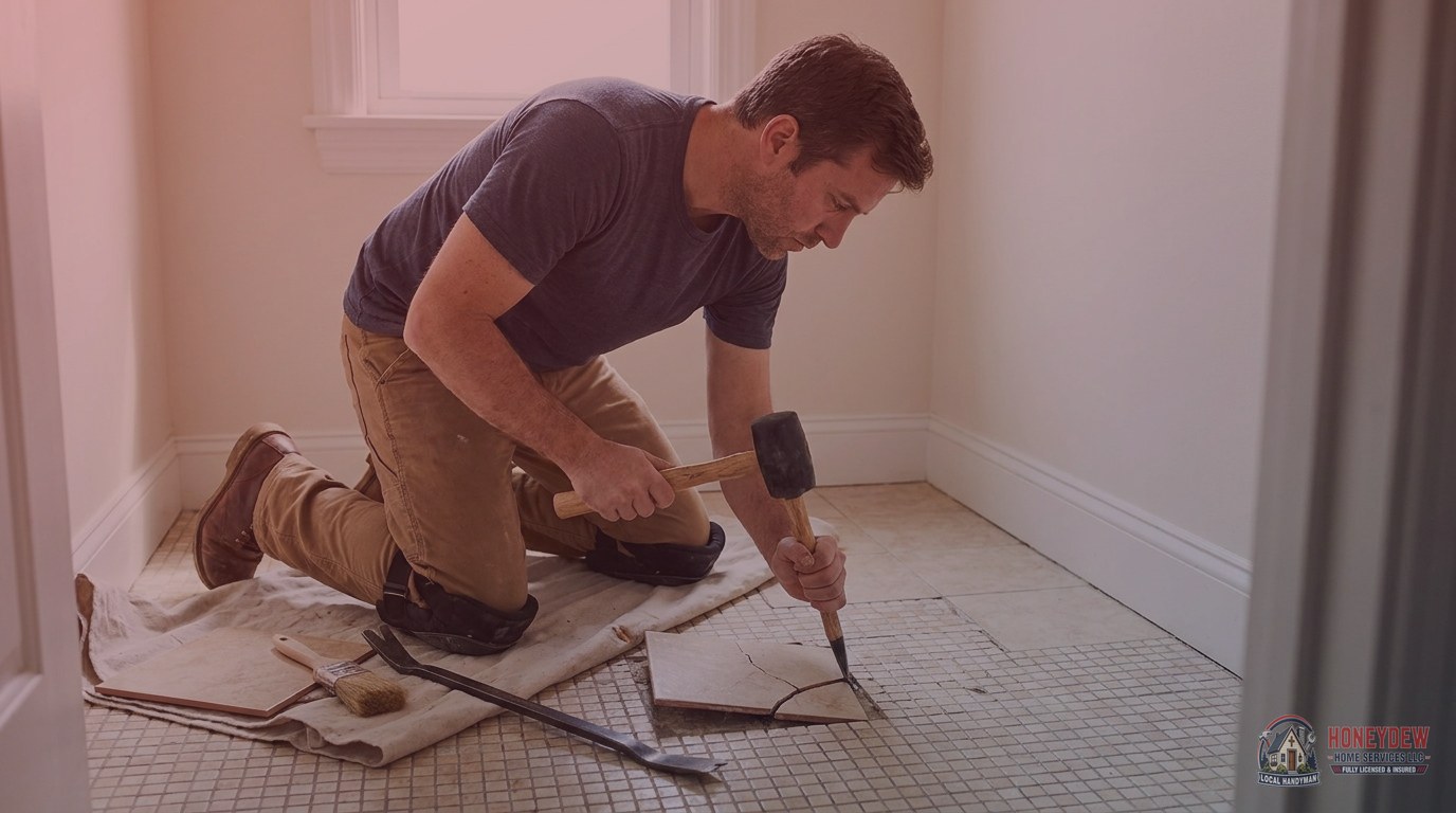 Handyman removing a cracked floor tile with a chisel and mallet during a residential tile replacement.