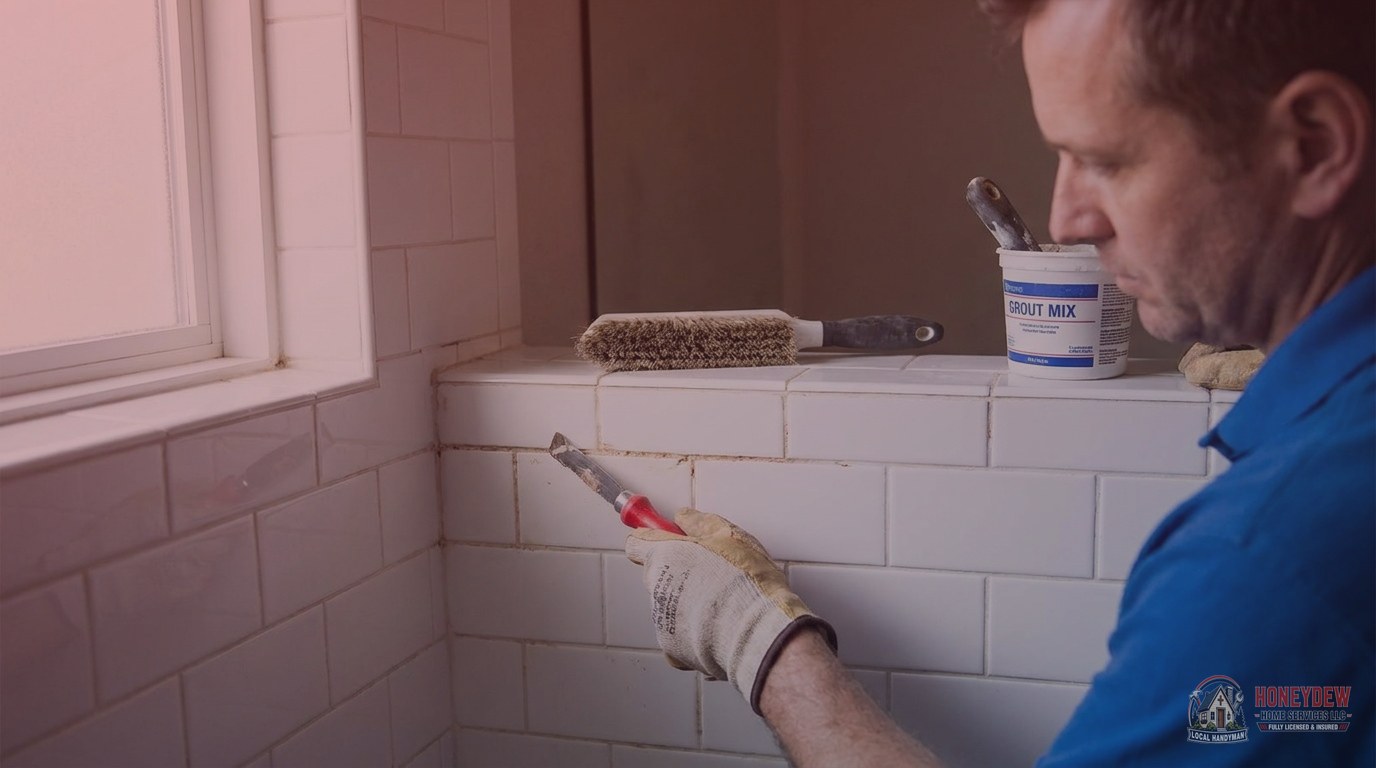 Handyman repointing shower wall grout joints with a grout saw during a bathroom grout resealing service.