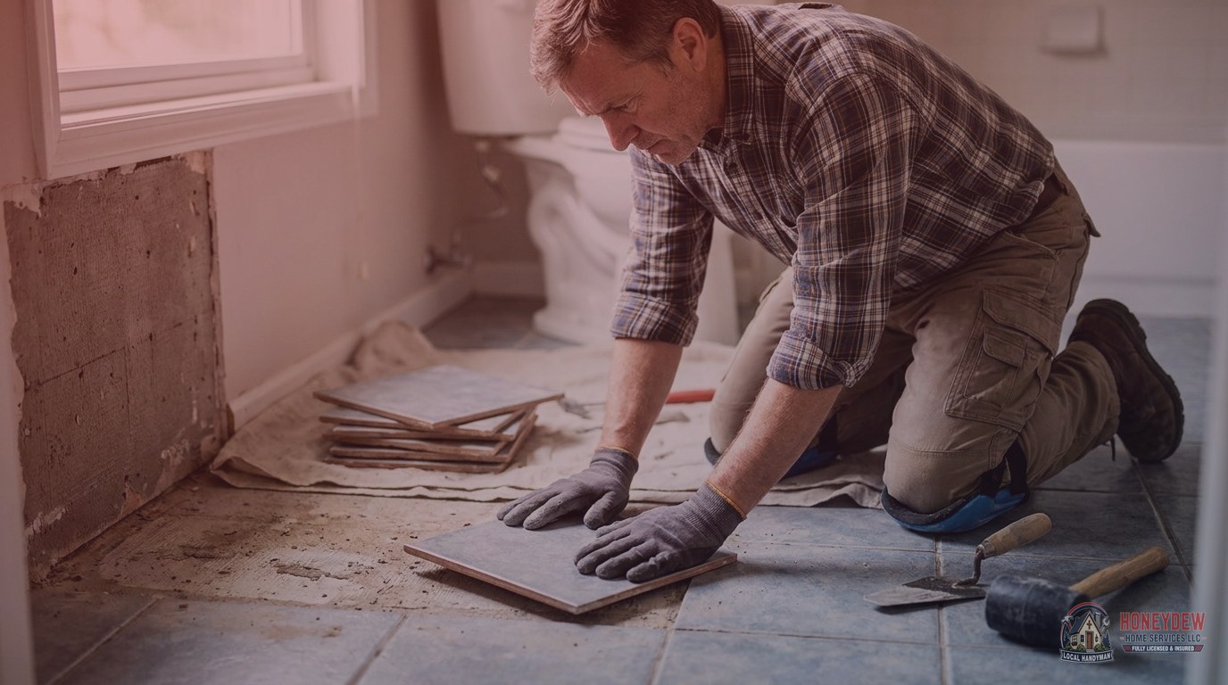 Handyman inspecting a bathroom floor substrate after removing loose tiles to assess repair versus full retile.