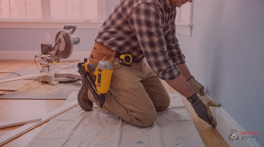 Handyman pressing white baseboard trim against a residential interior wall during installation.