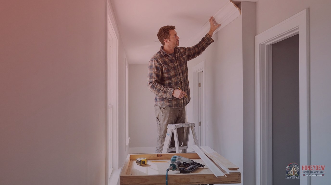 Handyman positioning crown molding at the ceiling-wall junction inside a residential hallway.