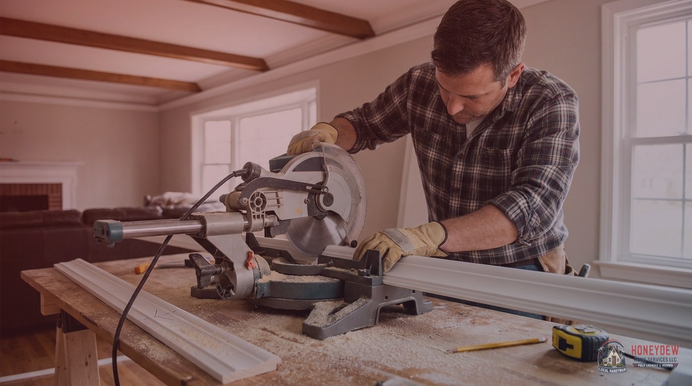 Handyman cutting crown molding at a miter saw to achieve precise angled corner joints for ceiling installation.