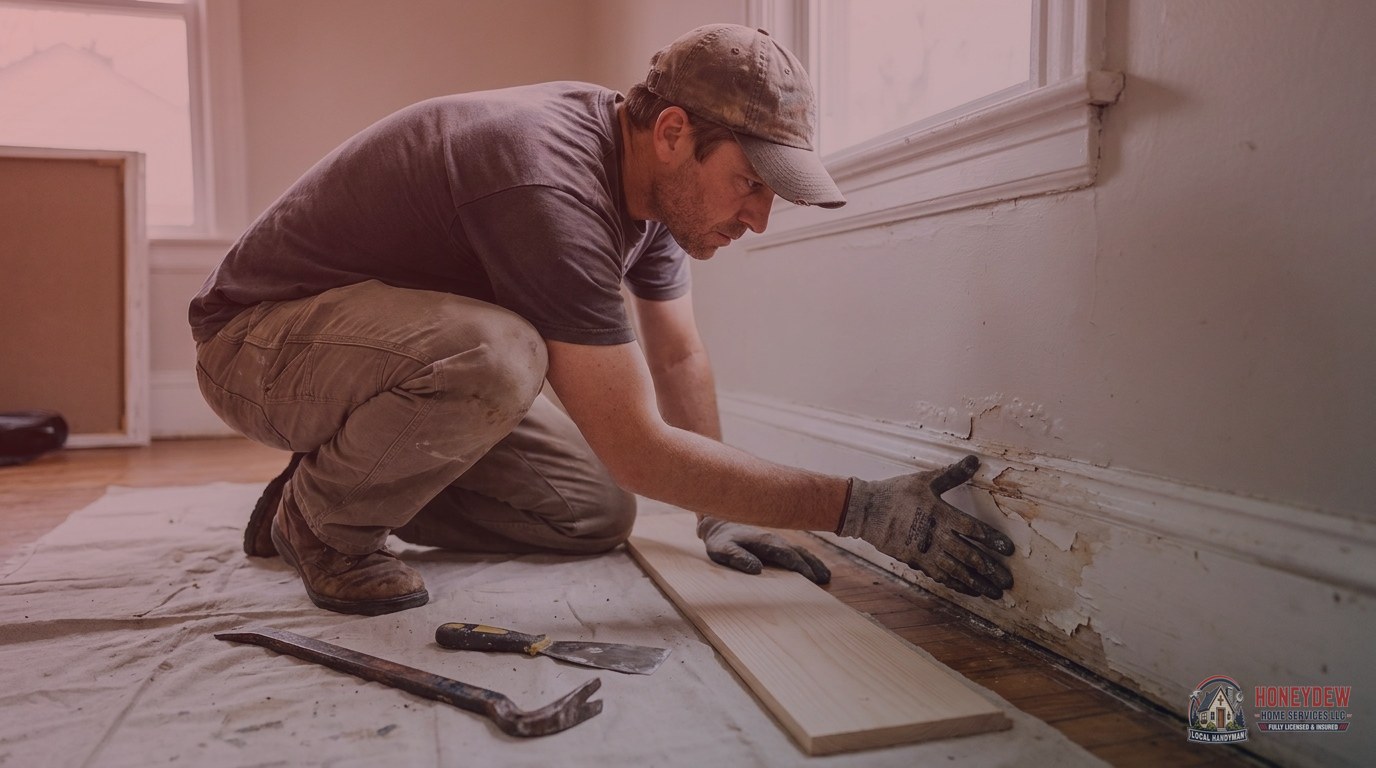 Handyman inspecting a damaged and warped baseboard section to determine whether repair or full replacement is needed.