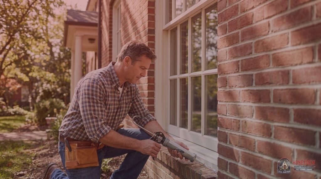 Licensed handyman applying caulk along a residential window frame on the exterior of a home.