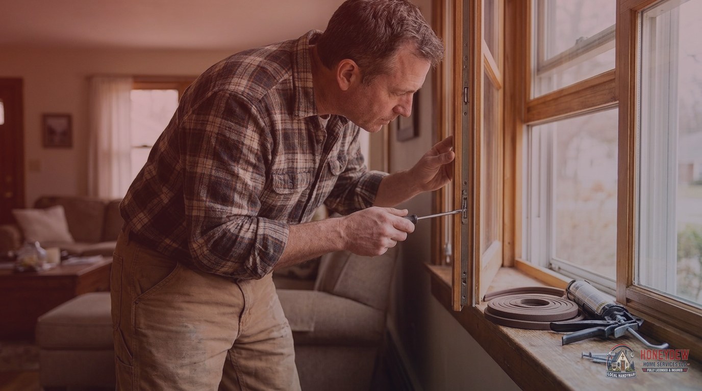 Handyman inspecting a residential window lock mechanism while holding a screwdriver indoors.
