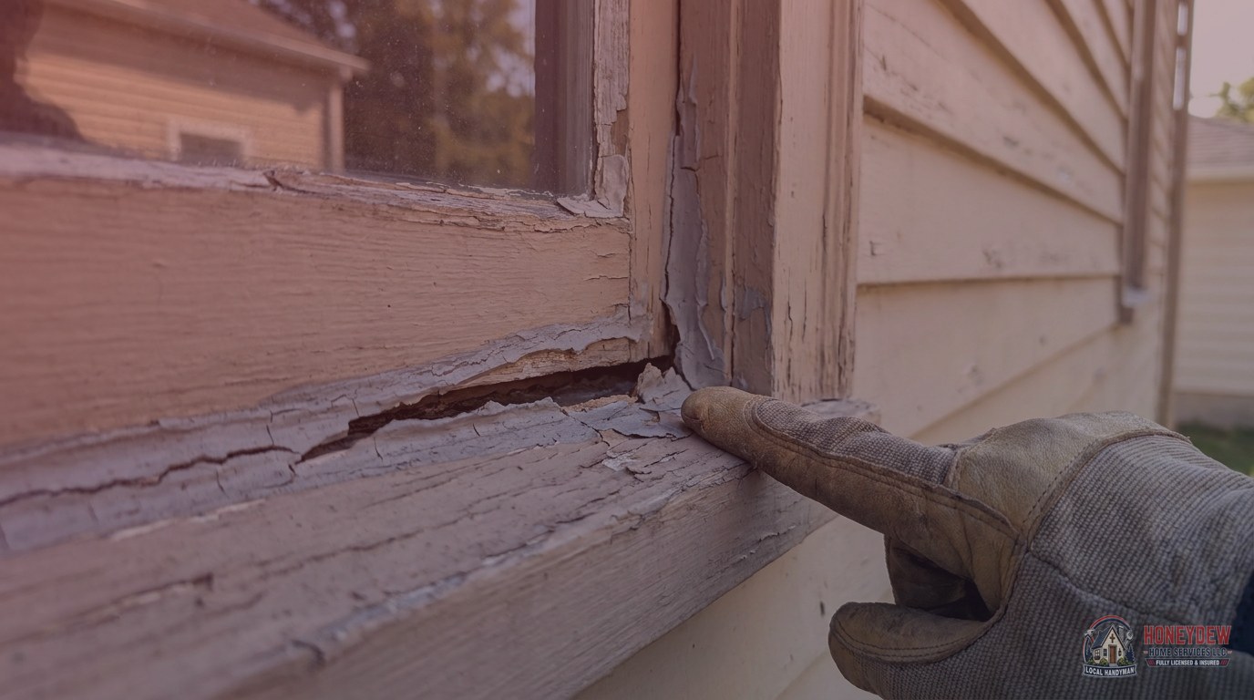 Cracked and separated window caulk bead at a frame corner on a sun-bleached residential exterior.