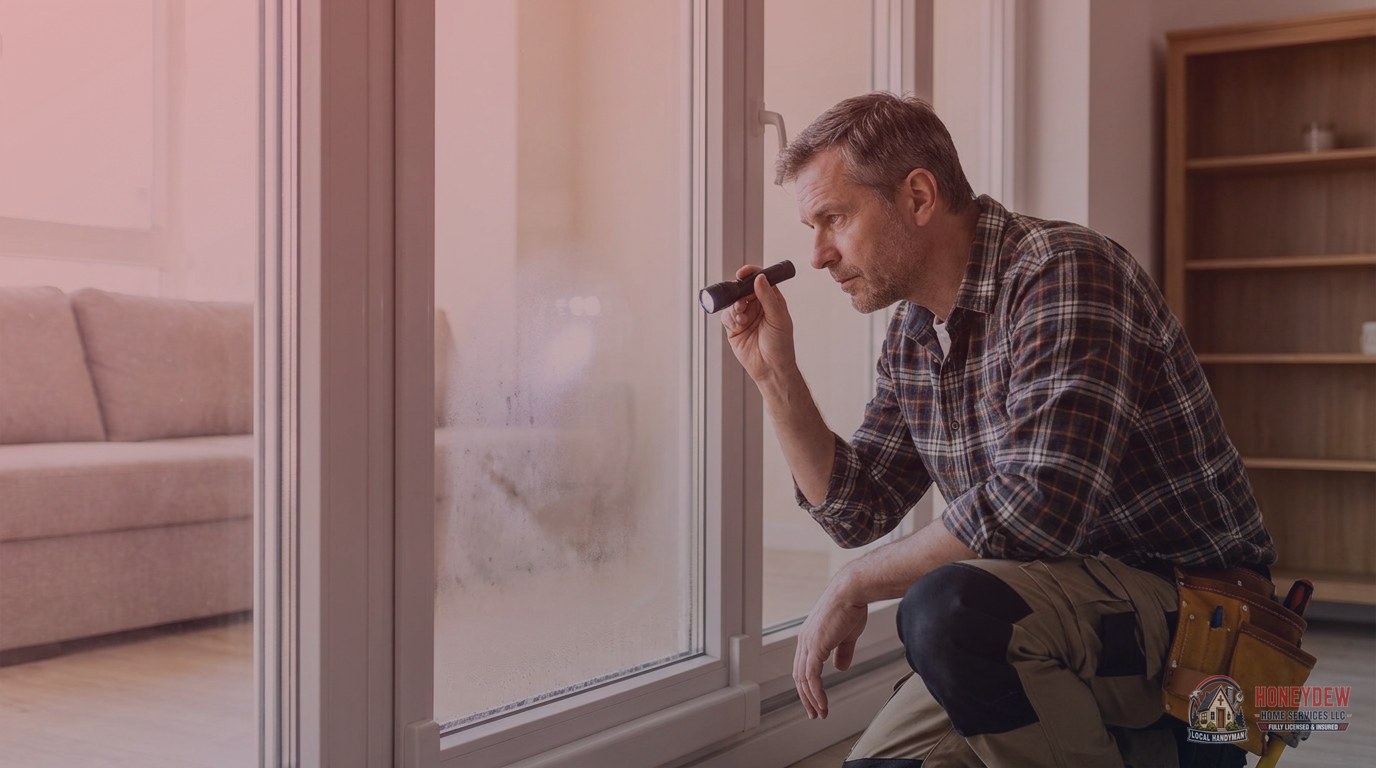 Handyman using a flashlight to examine condensation trapped between the panes of a foggy double-pane window.
